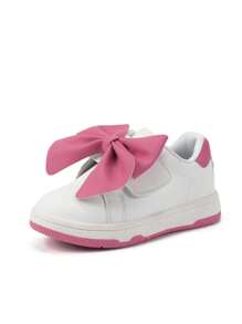 1 Pair Girls Pink Bow Decor Casual Lightweight Non-Slip Sports Shoes, Comfortable Flat Shoes For Kids All Seasons