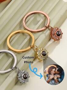 1pc Customizable Projection Keychain, Integrated Photo & Flower Design, Fashionable Personalized Pendant, Anniversary/Christmas Gift