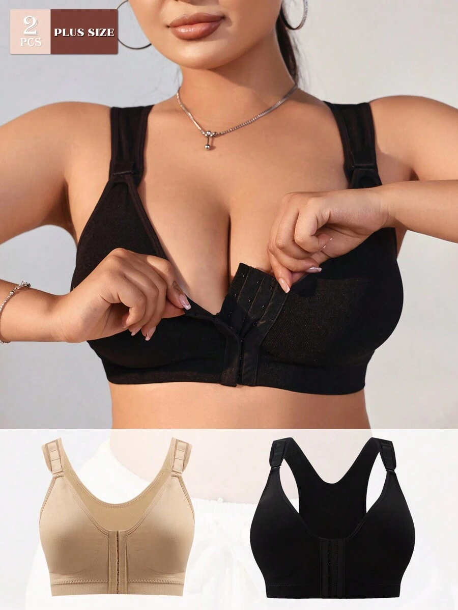 2pcs Seamless Plus Size Women Underwear, Wire-Free Adjustable Shoulder Strap, Comfy Hollow Mesh Front Button Decorated Bralette