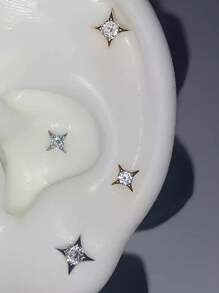 1 Cặp khuyên tai đính đá Cubic Zirconia hình ngôi sao bốn chấu nhỏ thanh lịch màu bạc, thích hợp để xỏ khuyên sụn, quà tặng đeo hàng ngày - bông tai - Xem 1