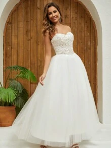 YUMIBRAVO Sparkly Strapless Long Wedding Dress, Slim Fit Sequin Formal Gown, White Bridal Dress - 白色 - 查看 2
