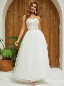 YUMIBRAVO Sparkly Strapless Long Wedding Dress, Slim Fit Sequin Formal Gown, White Bridal Dress - 白色 - 查看 3