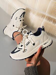 圆头系带厚底休闲舒适厚底运动鞋，学生款，女款 - 藍色 - 查看 1