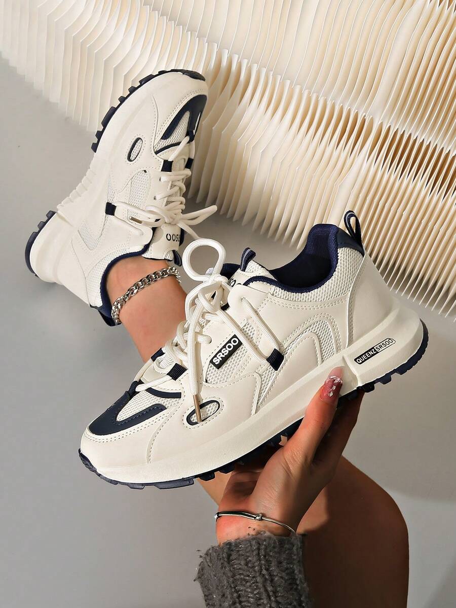 圆头系带厚底休闲舒适厚底运动鞋，学生款，女款 - 藍色 - 查看 1