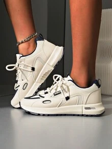 圆头系带厚底休闲舒适厚底运动鞋，学生款，女款 - 藍色 - 查看 4