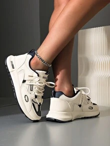 圆头系带厚底休闲舒适厚底运动鞋，学生款，女款 - 藍色 - 查看 5