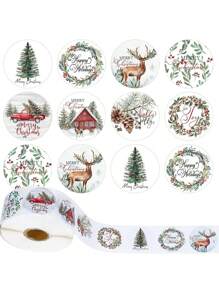 1 rouleau Autocollants de Noël Joyeux, Autocollants de Sceau d'Arbre de Noël, de Forêt, de Cerf Autoadhésifs, Autocollants d'Étiquette à Motif de Noël Rond pour Sceaux, Cartes, Cadeaux, Enveloppes de Noël