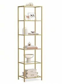 VASAGLE 6-Tier Glass Shelf, Bookshelf, Storage Rack, Tempered Glass, Easy Assembly, For Bathroom, Living Room, Bedroom, Office, Metallic Gold - Gold - View 9