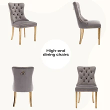 Modern 47" Round Glass Dining Table Set With 4 Tufted Velvet Chairs - Sleek And Stylish - Golden Table and Gray Chairs with Golden Leg - View 6