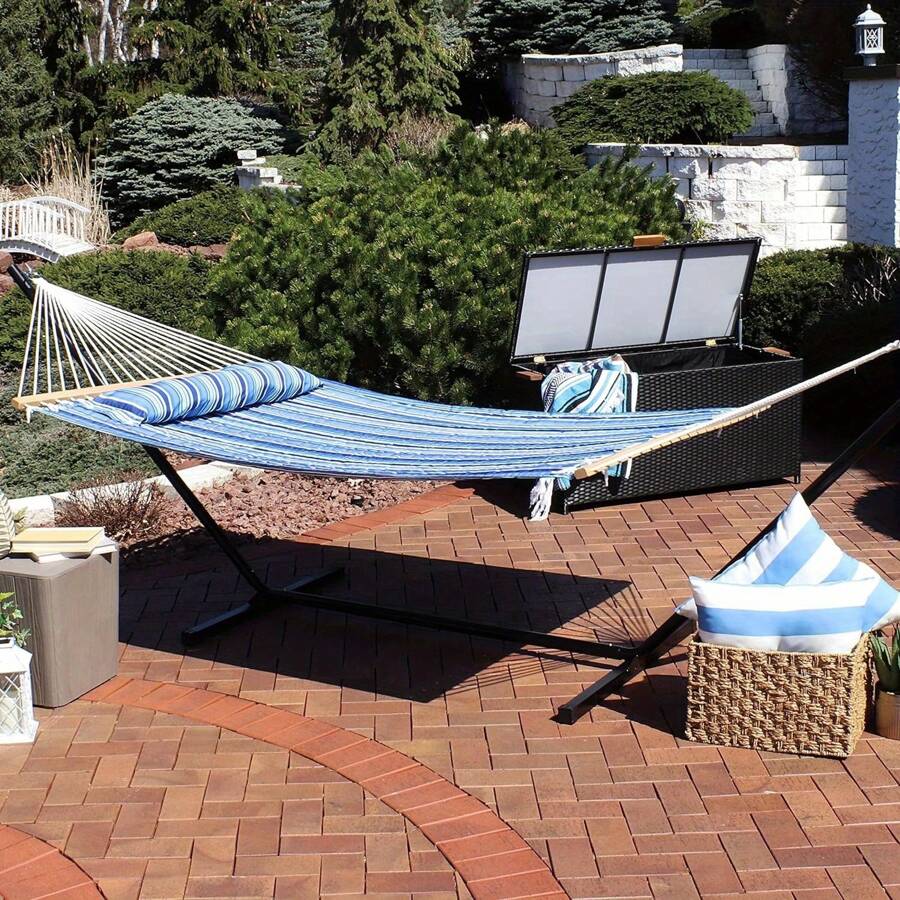 Outdoor Quilted Fabric Hammock TwoPerson With Spreader Bars Heavy