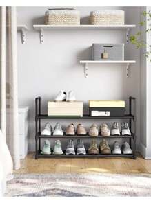 SONGMICS 3-Tier Shoe Rack, Shoe Storage Organiser, Metal Storage Rack, Fits 12 To 15 Pairs Of Shoes, Stackable Shoe Shelf, For Hallway, Living Room, Bedroom, Black - Black - View 2