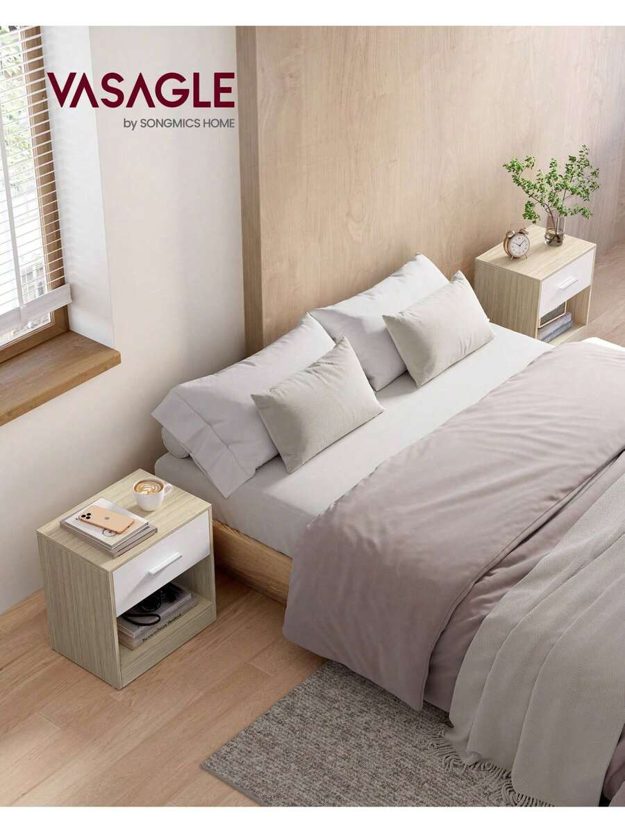 VASAGLE Bedside Tables, Set Of 2, Side Table With Drawer, Handle, Open Compartment, End Table, For Bedroom, Living Room, Natural Beige And Classic White - Beige - View 1