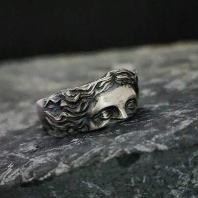 1pc Vintage Punk Style Men Aluminum Alloy Half-Face Open Ring, Suitable For Daily Wear