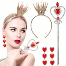 3 Pcs/Set Queen Cosplay Costume Accessories Includes Gold Crown Headband Heart Rhinestone Scepter Red Heart Drop Earrings For Women Cosplay Party Costume