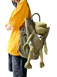 Women Men Backpacks, Graffiti Inlaid Plush Frog Monster Zip Large Capacity School Backpack, Travel Adjustable Outdoor Rucksacks - A - View 6