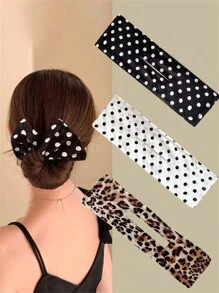 3pcs Women Graceful Polka Dot & Leopard Messy Bun Maker, Bowknot Hair Styling Accessories, Headband For Summer