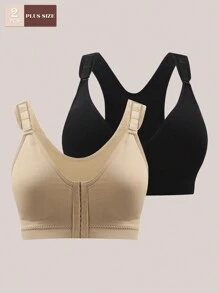 2pcs Seamless Plus Size Women Underwear, Wire-Free Adjustable Shoulder Strap, Comfy Hollow Mesh Front Button Decorated Bralette