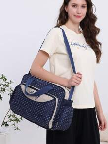 Baby Fashionable Polka Dot Large Capacity Multi Compartment Shoulder Diaper Bag For Outing - Navy Blue - View 4