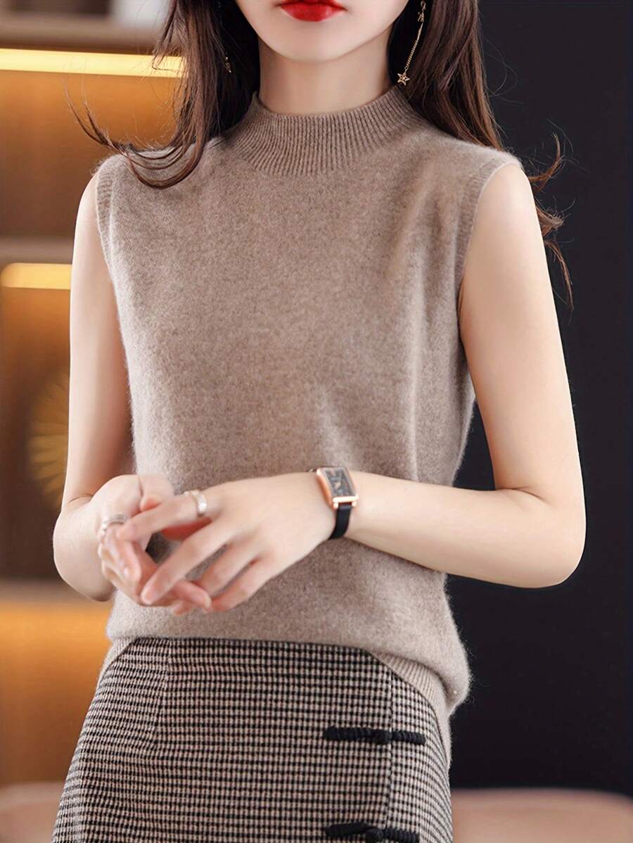 New Women's Knitted Undershirt Female Spring And Summer Slim Ladies Short Solid Color Versatile Half-High Neck Bottoming Sleeveless Tops - Màu Khaki - Xem 1