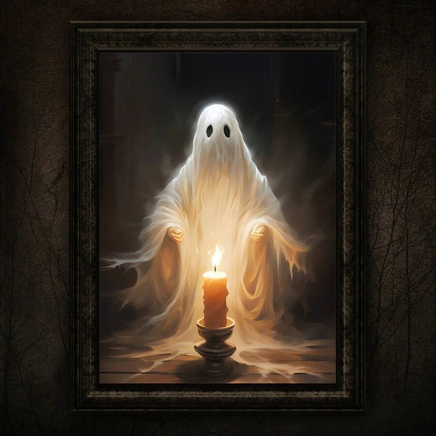 带蜡烛的恐怖哥特式鬼魂帆布艺术印刷品 - 复古万圣节墙壁装饰，适合客厅、卧室、办公室 - 无框海报，适合居家和咖啡厅 - A - 查看 1