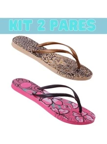 Kit 2 Elegant Women's Sandals Comfortable Women's Flip Flops Flip-Flops For Women - BEIGE LEOPARD/PINK FLOWER - View 1