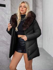 HaiLuoZi Women's Fashionable Fluffy Collar Winter Jacket - Black - View 4