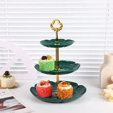Bộ 3 món tráng miệng 3 tầng Đĩa đựng trái cây Cupcake Nhựa trắng Bánh cốc tráng miệng Trái cây Kẹo Khay phục vụ tiệc buffet (Tròn xanh lá cây 3 món) - Màu xanh lá cây đậm - Xem 5