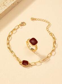 1 Bracelet+1 Ring Versatile Daily Fashion Square Geometric Metal Chain Bracelet Ring Set - Royal Blue - View 5