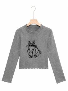 Jersey de punto de manga larga con estampado de gato gris para mujer, jersey corto ajustado y de cuello redondo de moda, para otoño e invierno, tops de manga larga