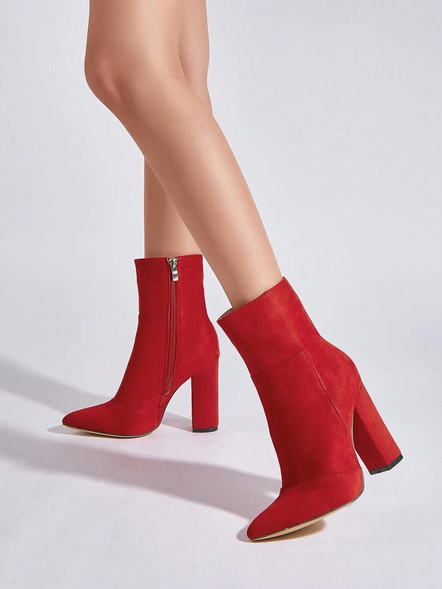 Giày bốt cao đến giữa bắp chân, mũi nhọn, có khóa kéo, chất liệu da lộn giả màu đỏ, thời trang đa năng hàng ngày - Đỏ - Xem 1