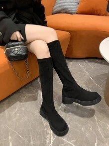 Women Street Style Round Toe Knee-High Boots, Fashion Punk Stiletto High Heel Warm Long Boots With Comfortable Upper And Anti-Slip Sole, Winter