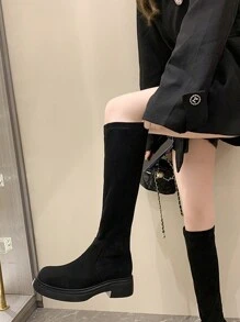 Women Street Style Round Toe Knee-High Boots, Fashion Punk Stiletto High Heel Warm Long Boots With Comfortable Upper And Anti-Slip Sole, Winter