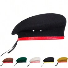 1 件装男士 100% 羊毛贝雷帽，纯色军用风格帽子，时尚户外休闲帽，适合秋冬休闲、商务和派对 - 彩色 - 查看 1