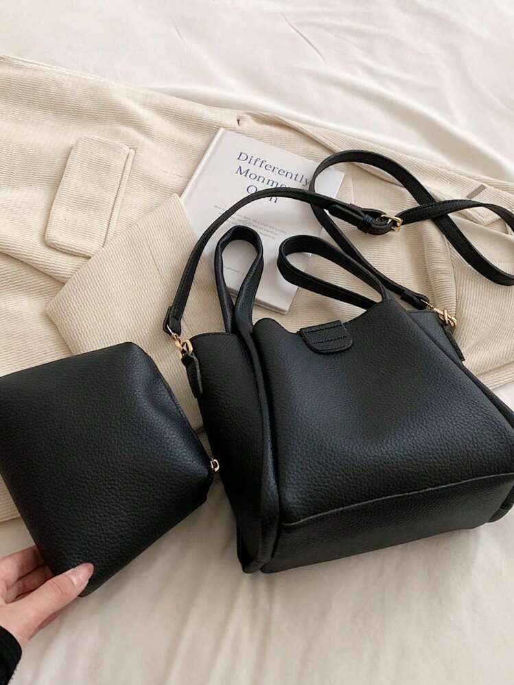 2点セット マザーバッグ&ショルダーバッグ プレーンカラートートバッグ クロスボディバッグ - ブラック - 見る 4