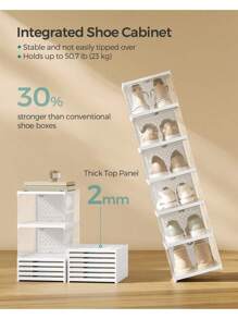 SONGMICS Shoe Boxes, Pack Of 12 Stackable Shoe Storage Organiser, Set Of 2 Integraed Shoe Cabinets, Foldable And Portable, Fit Up To UK Size 12, 60s Assembly, Transparent And Cloud White - White - View 3