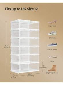 SONGMICS Shoe Boxes, Pack Of 12 Stackable Shoe Storage Organiser, Set Of 2 Integraed Shoe Cabinets, Foldable And Portable, Fit Up To UK Size 12, 60s Assembly, Transparent And Cloud White - White - View 6