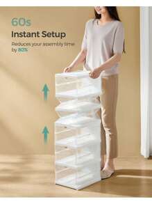 SONGMICS Shoe Boxes, Pack Of 12 Stackable Shoe Storage Organiser, Set Of 2 Integraed Shoe Cabinets, Foldable And Portable, Fit Up To UK Size 12, 60s Assembly, Transparent And Cloud White - White - View 2