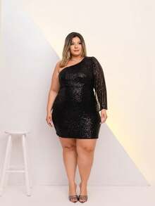 Elegant Plus Size Sequin Dress With Long Sleeves - Negro - Ver 4