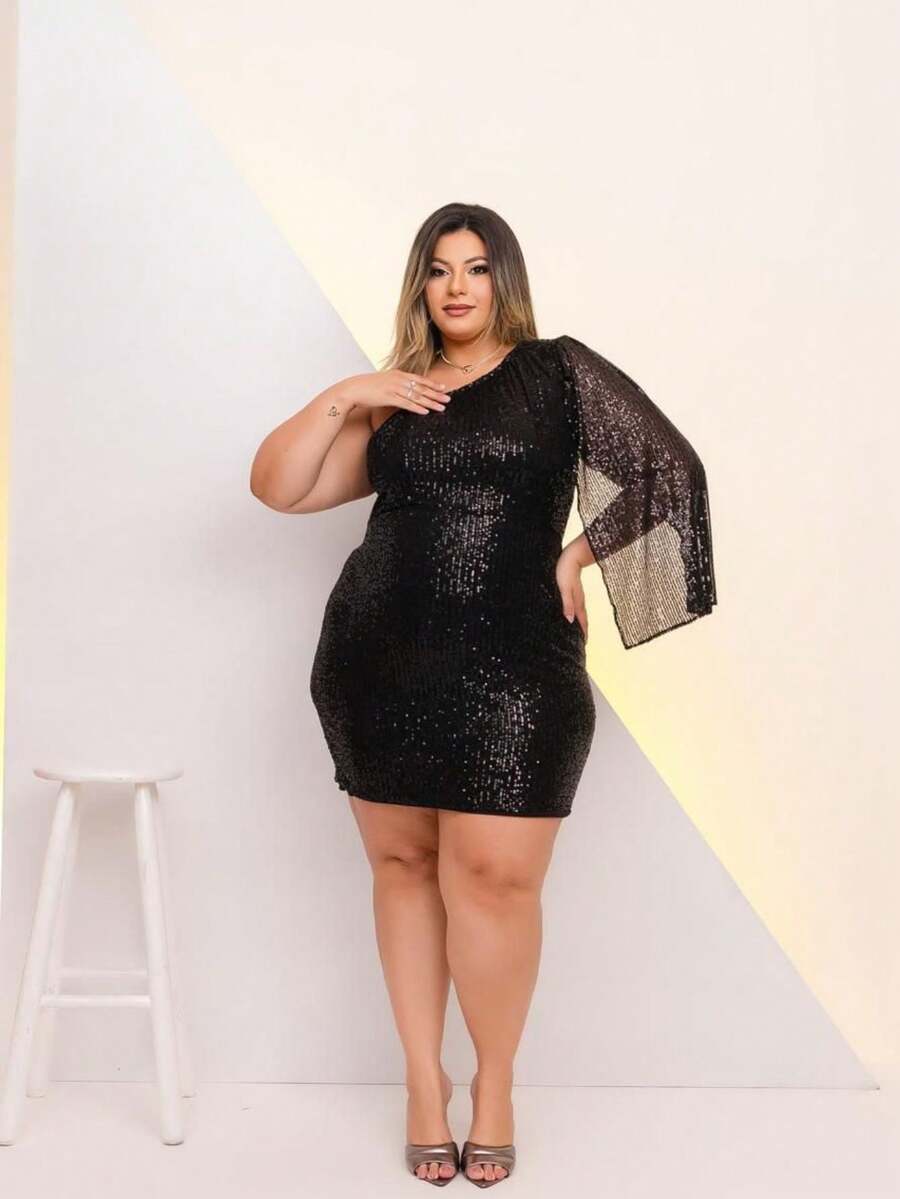 Elegant Plus Size Sequin Dress With Long Sleeves - Negro - Ver 1