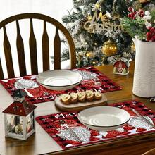 1/4/6 piezas Manteles individuales con tema navideño, Cuadros grises con árbol de arándanos y 3 gnomos, Cabeza de muñeco de nieve navideño, Aplicable para decoración de fiesta de Navidad, decoración de reunión navideña, decoración de mesa