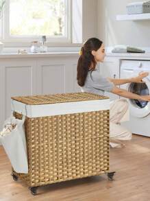 SONGMICS 带盖洗衣篮，160 升，带轮滚动洗衣篮，3 格合成藤条洗衣桶，可拆卸内衬，适用于洗衣房、卧室，70 X 36 X 66 厘米，天然洗衣篮，开学季适用