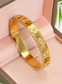 1pc Fashion 18K Gold Plated Stainless Steel Flower Bangle Bracelet For Women, European And American Style Party & Wedding Jewelry Gift Valentines,Mom,Mother,Mother's Day,Gift