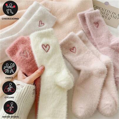 5 Pairs Autumn/Winter Women Heart Embroidery Mink Plush Socks, Thickened Plush Cute Sleeping/Dance Crew Socks
