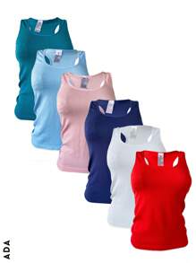 Kit de 6 camisetas de tirante ancho, multicolor, sexy y casuales para mujer, tela de poliéster y elastano, ideales para temporadas de primavera y verano. Diseño ajustado, cuello redondo, sin mangas, muy ligeras y cómodas. Te llegarán 6 camisetas en colores al azar. - Multicolor - Ver 1