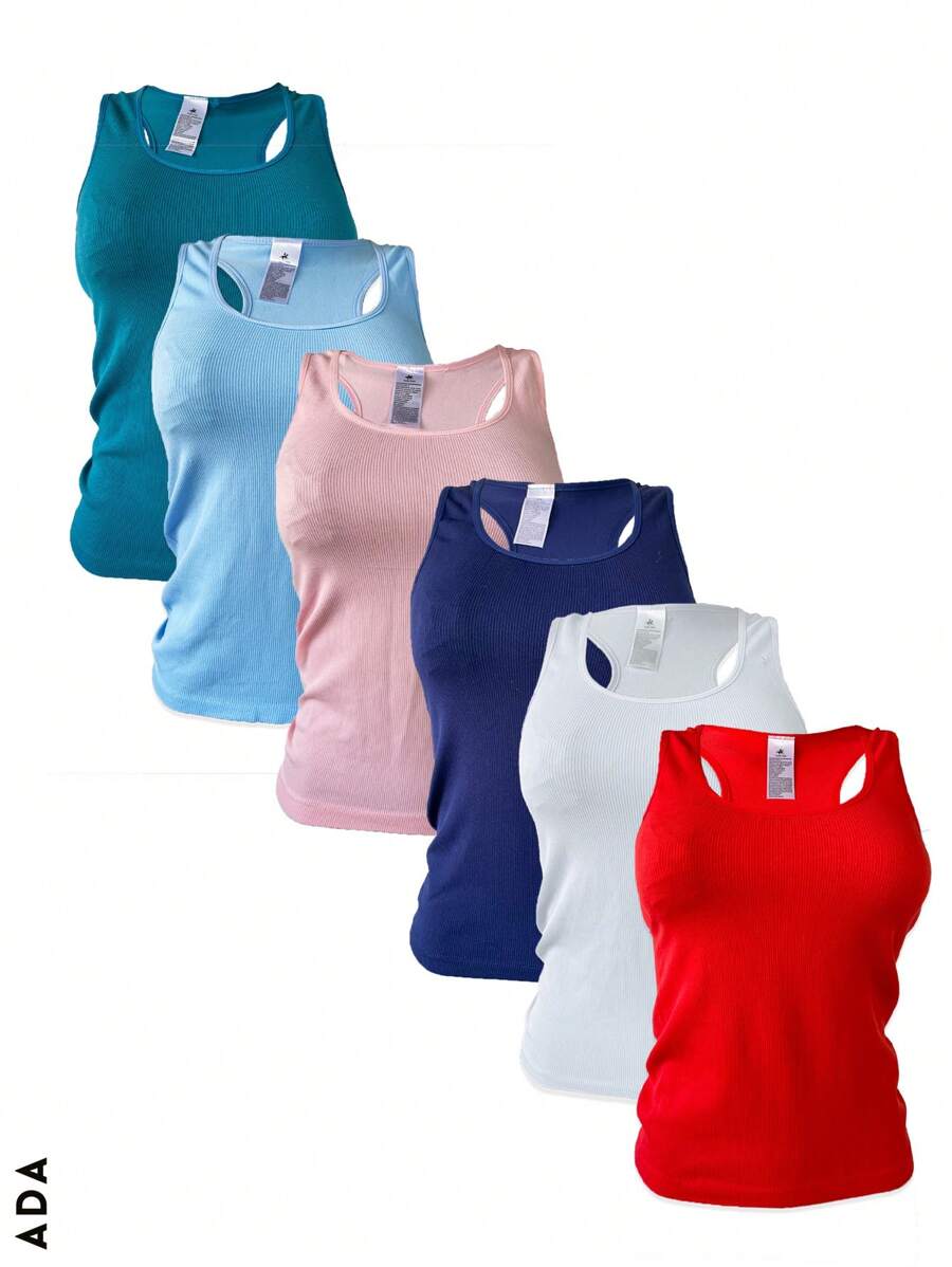 Kit de 6 camisetas de tirante ancho, multicolor, sexy y casuales para mujer, tela de poliéster y elastano, ideales para temporadas de primavera y verano. Diseño ajustado, cuello redondo, sin mangas, muy ligeras y cómodas. Te llegarán 6 camisetas en colores al azar. - Multicolor - Ver 1