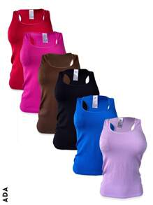 Kit de 6 camisetas de tirante ancho, multicolor, sexy y casuales para mujer, tela de poliéster y elastano, ideales para temporadas de primavera y verano. Diseño ajustado, cuello redondo, sin mangas, muy ligeras y cómodas. Te llegarán 6 camisetas en colores al azar. - Multicolor - Ver 2