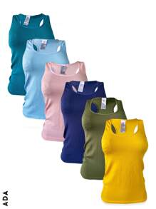 Kit de 6 camisetas de tirante ancho, multicolor, sexy y casuales para mujer, tela de poliéster y elastano, ideales para temporadas de primavera y verano. Diseño ajustado, cuello redondo, sin mangas, muy ligeras y cómodas. Te llegarán 6 camisetas en colores al azar. - Multicolor - Ver 3
