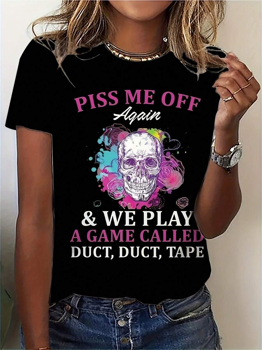 Halloween Print Plus Size Shirt Women's Round Neck Short Sleeve Casual Cotton T-Shirt - 黑色 - 查看 1