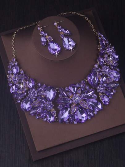 Luxury Purple Blue Red Necklace & Earrings Set, For Wedding Gown, Bridesmaids Dresses, Stage Performance, Cocktail Party, Halloween
