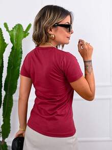 Women's T-Shirt Short Sleeve Round Neck 100% Cotton Premium Mesh (4) - 紫紅色 - 查看 2